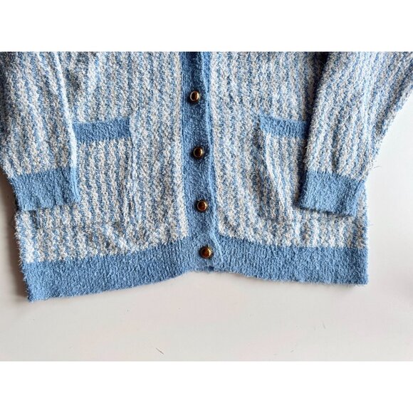 ZARA Blue White Cotton Blend Fuzzy Knit Oversized Cardigan Sweater, Size XS-S - Picture 9 of 15